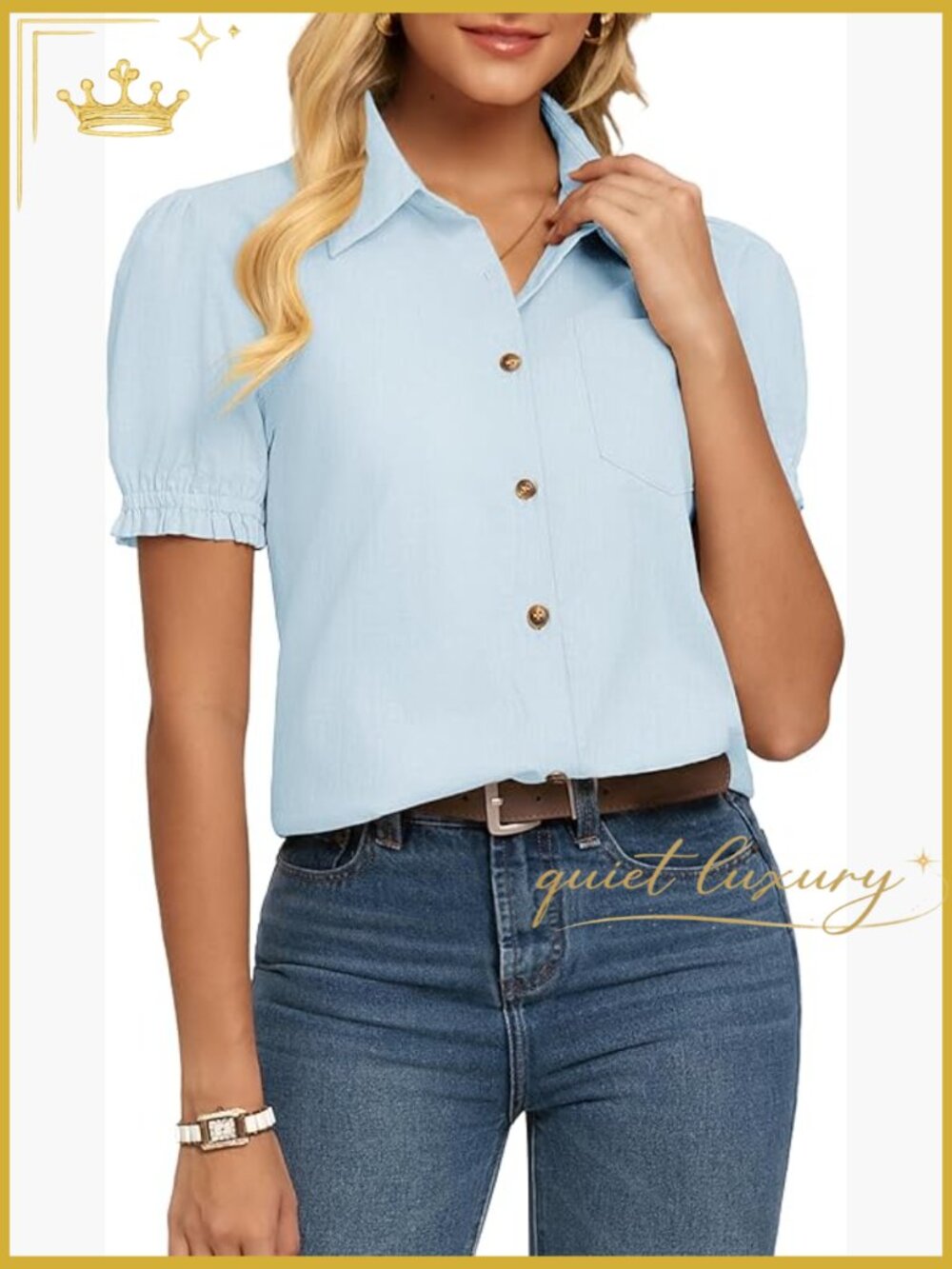Cotton Linen V Neck Puff Sleeve Button Down Blouse